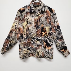 Vintage Silk Club Shirt Animal African Zoo Print Button Up Long Sleeve size S/M